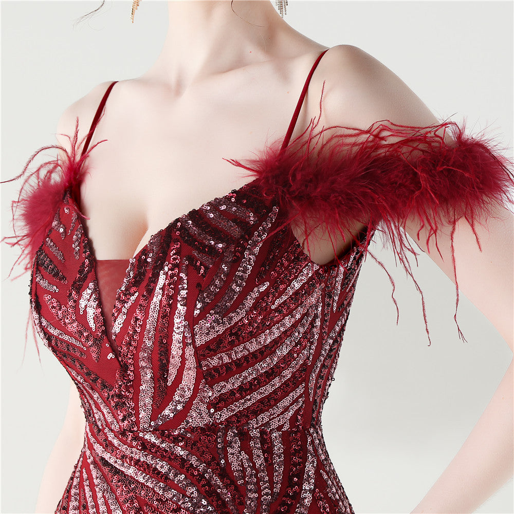 Feathered Sequin Evening Gown with High Slit