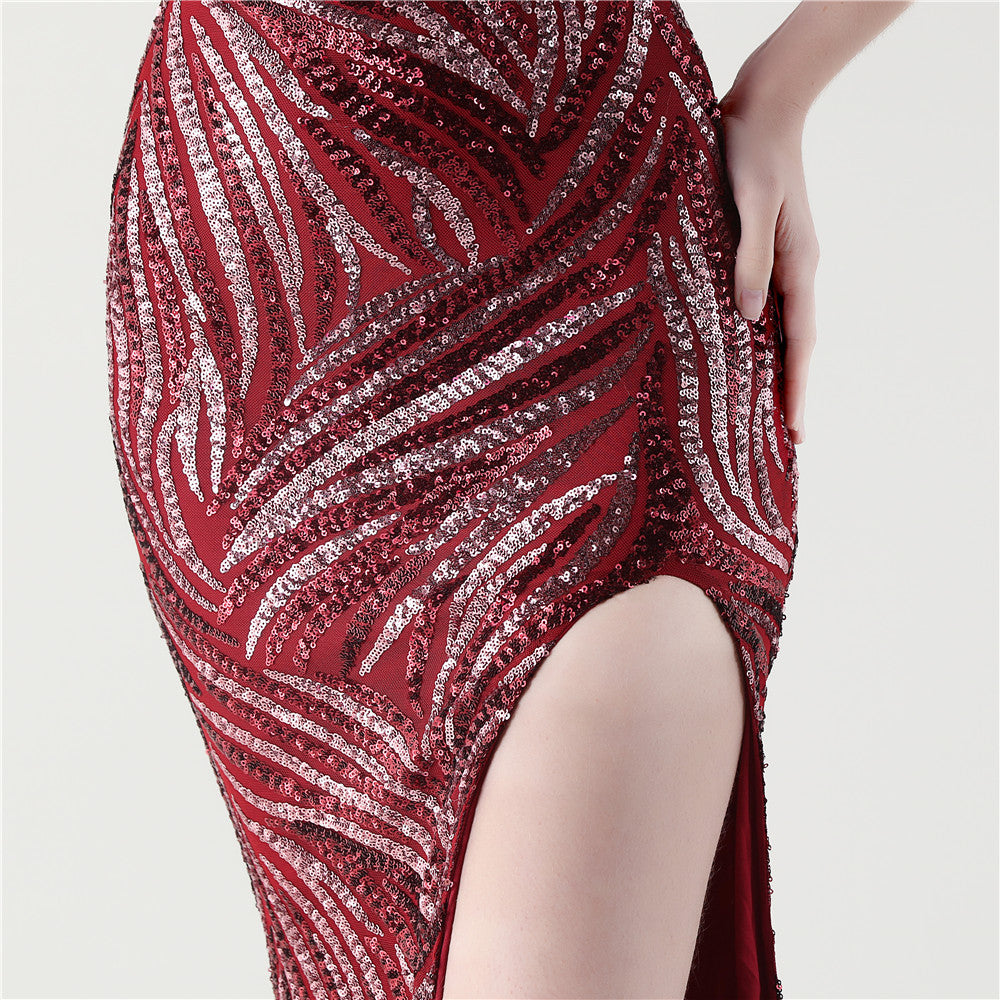 Feathered Sequin Evening Gown with High Slit