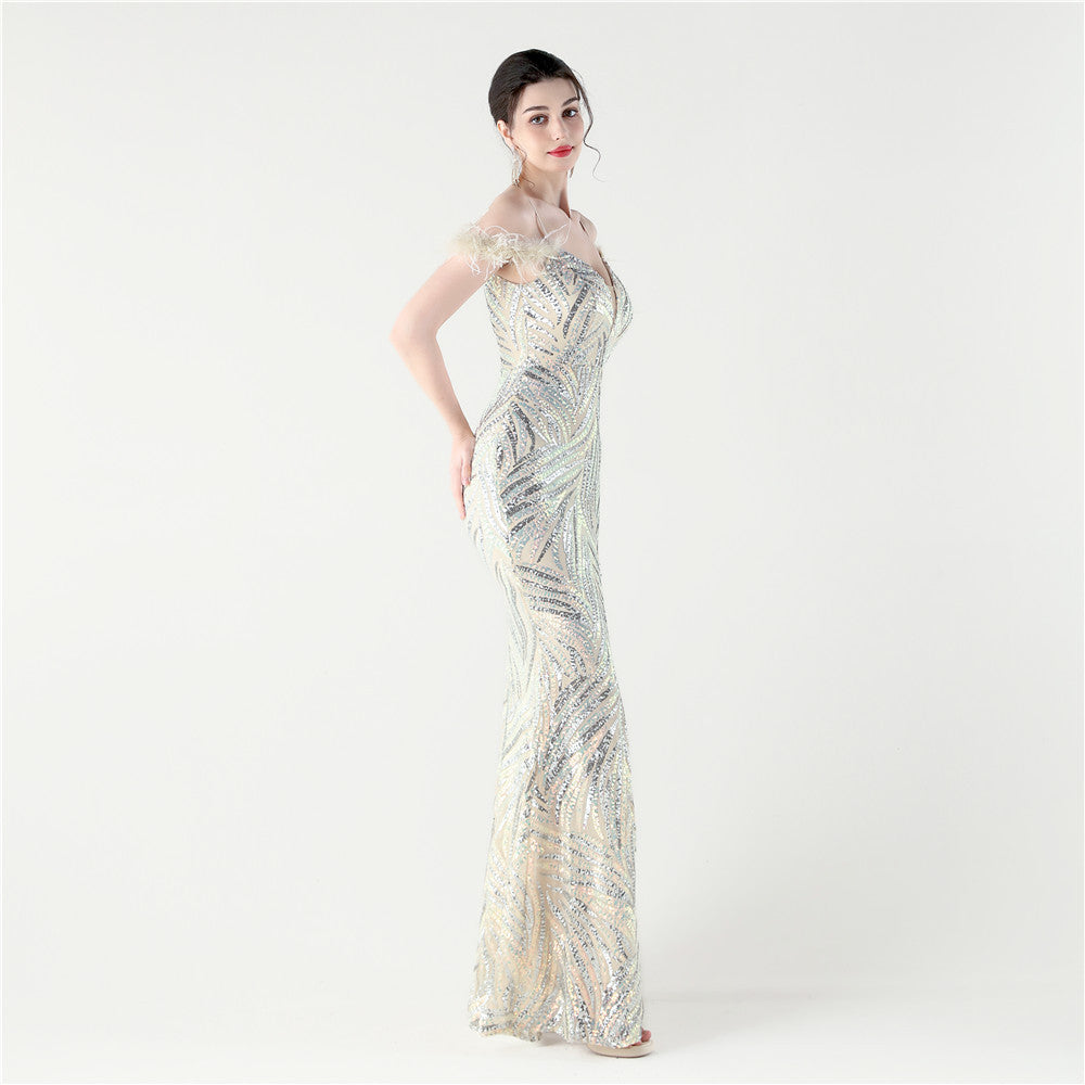 Feathered Sequin Evening Gown with High Slit