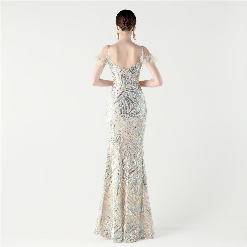 Feathered Sequin Evening Gown with High Slit