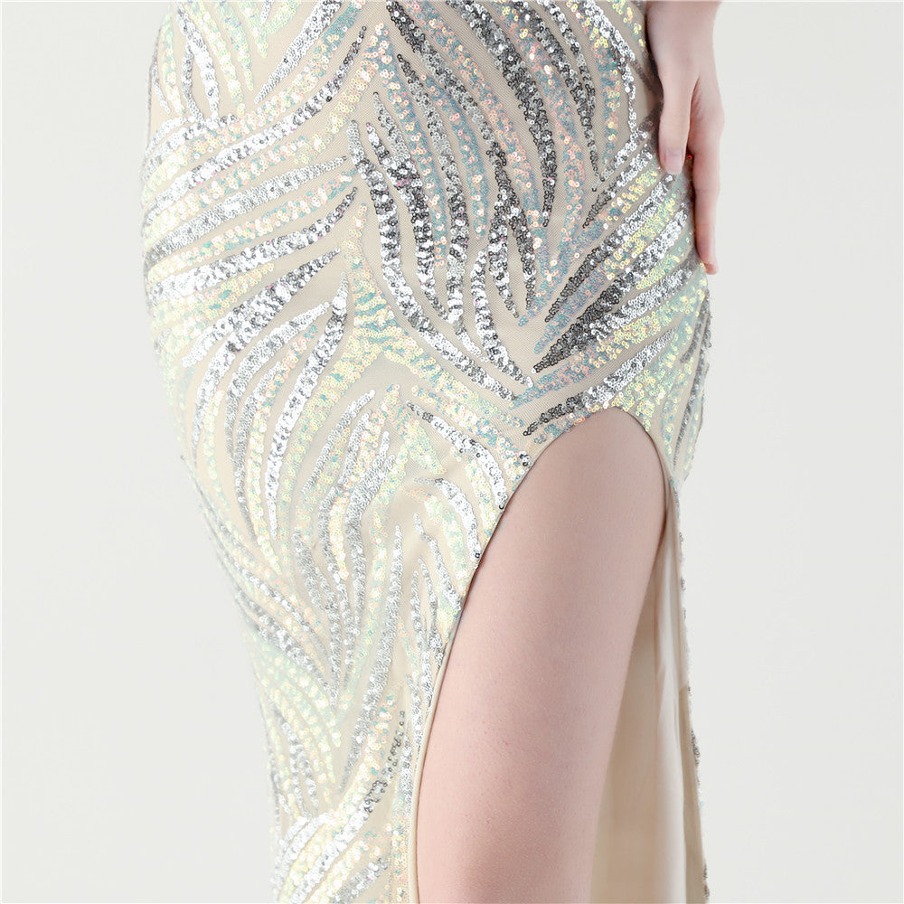 Feathered Sequin Evening Gown with High Slit