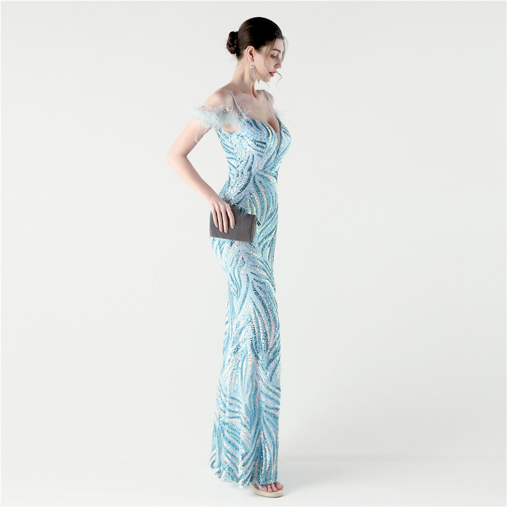 Feathered Sequin Evening Gown with High Slit