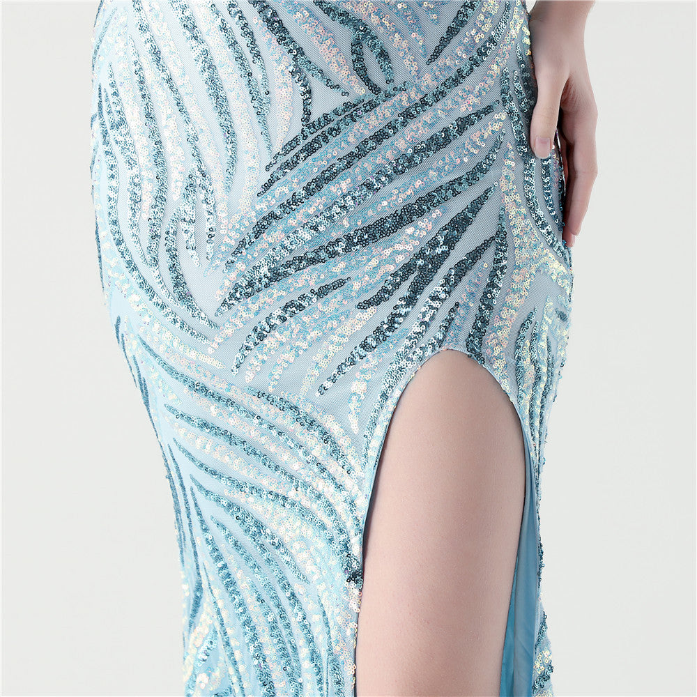 Feathered Sequin Evening Gown with High Slit