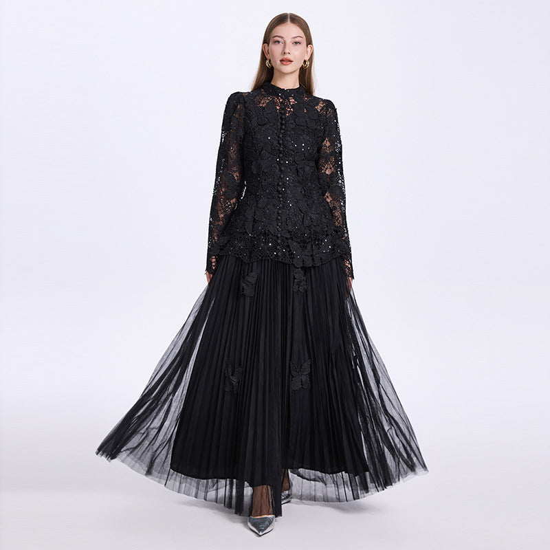 Pleated Skirt and 3D Butterfly Top Two Piece Set