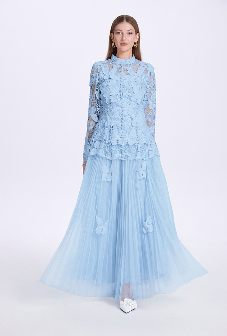 Pleated Skirt and 3D Butterfly Top Two Piece Set