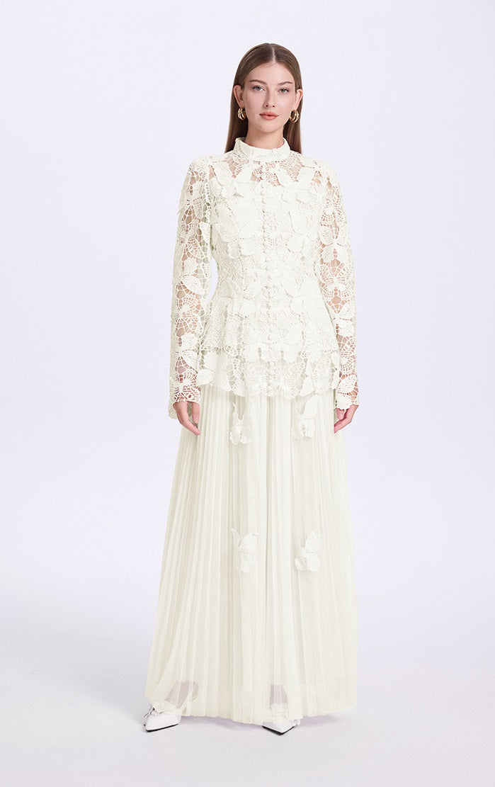 Pleated Skirt and 3D Butterfly Top Two Piece Set