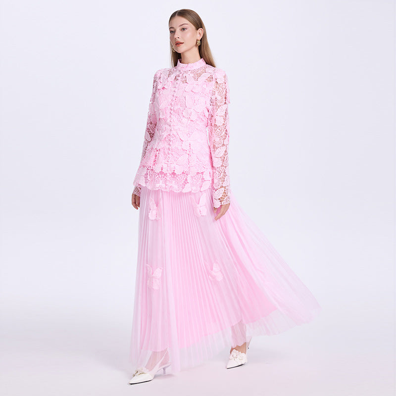 Pleated Skirt and 3D Butterfly Top Two Piece Set