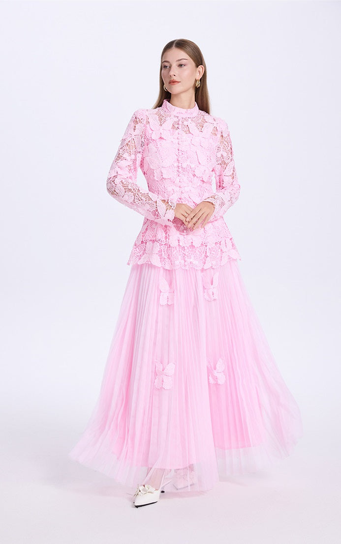 Pleated Skirt and 3D Butterfly Top Two Piece Set