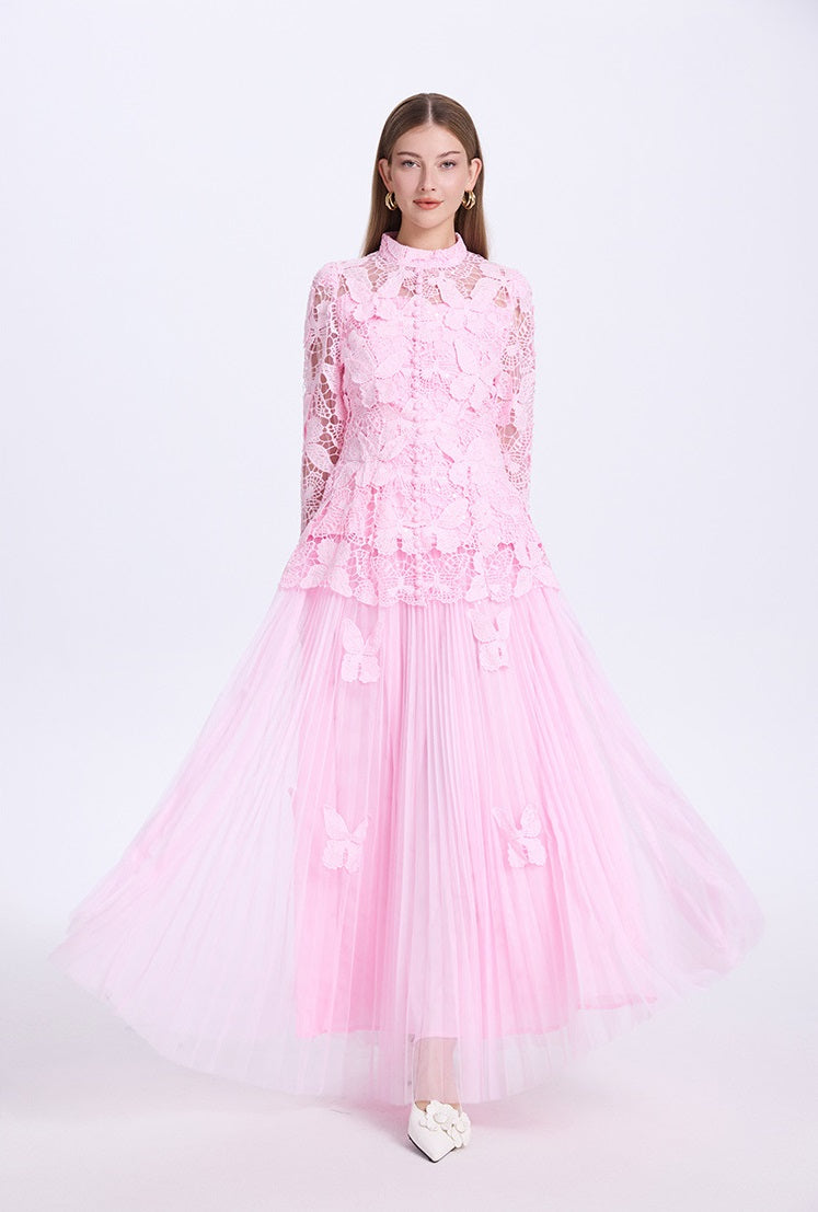 Pleated Skirt and 3D Butterfly Top Two Piece Set