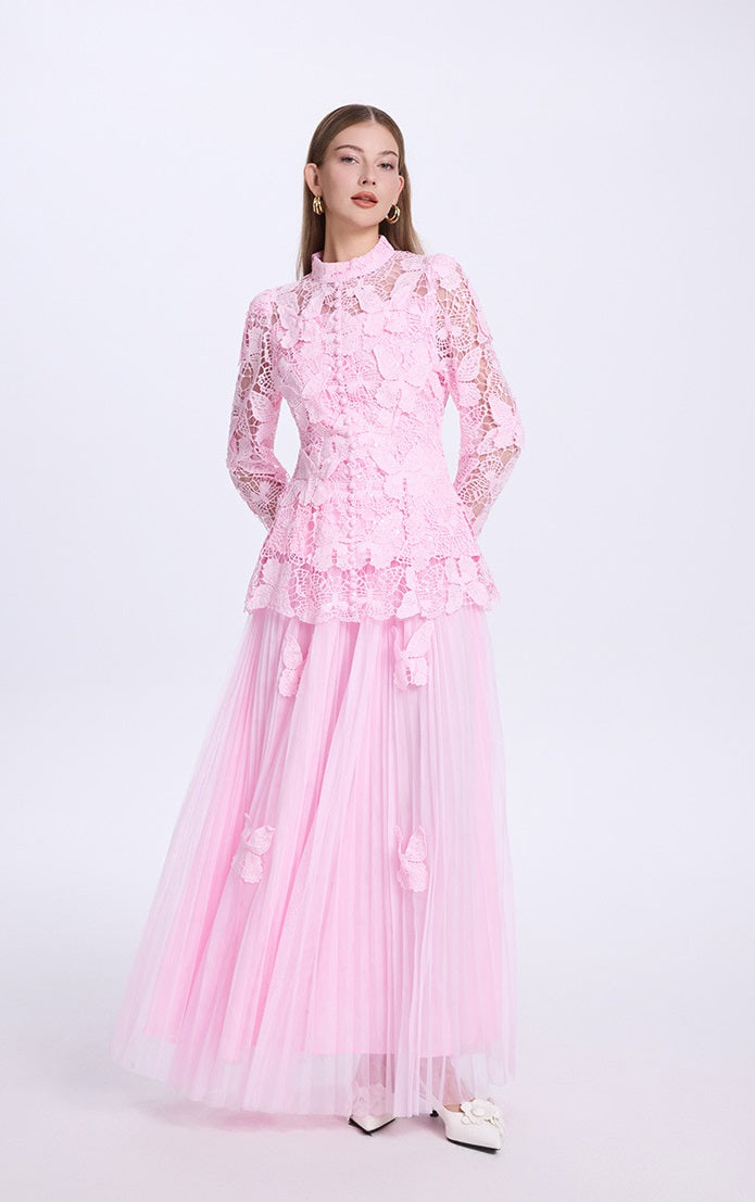 Pleated Skirt and 3D Butterfly Top Two Piece Set