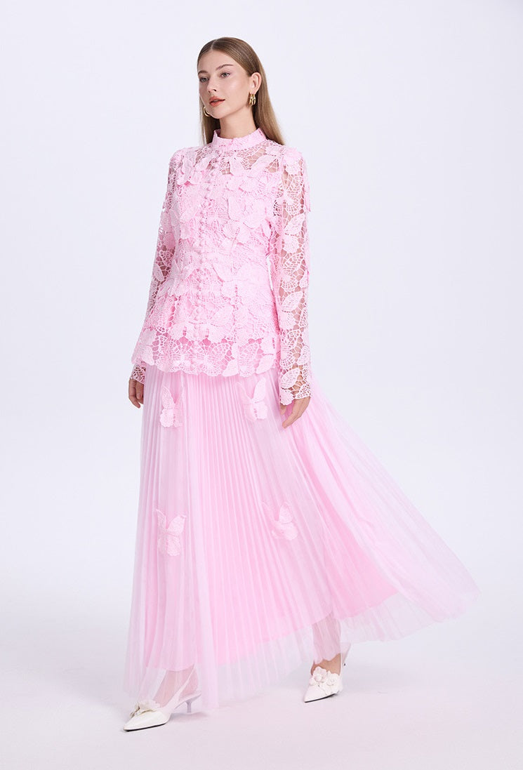 Pleated Skirt and 3D Butterfly Top Two Piece Set