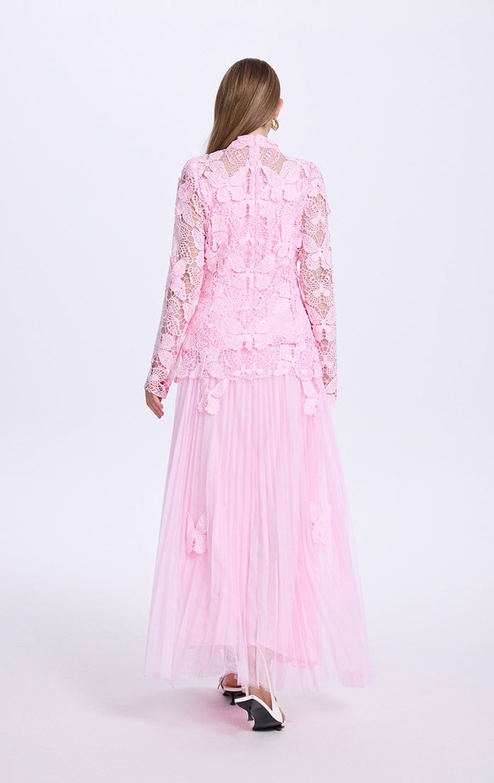 Pleated Skirt and 3D Butterfly Top Two Piece Set