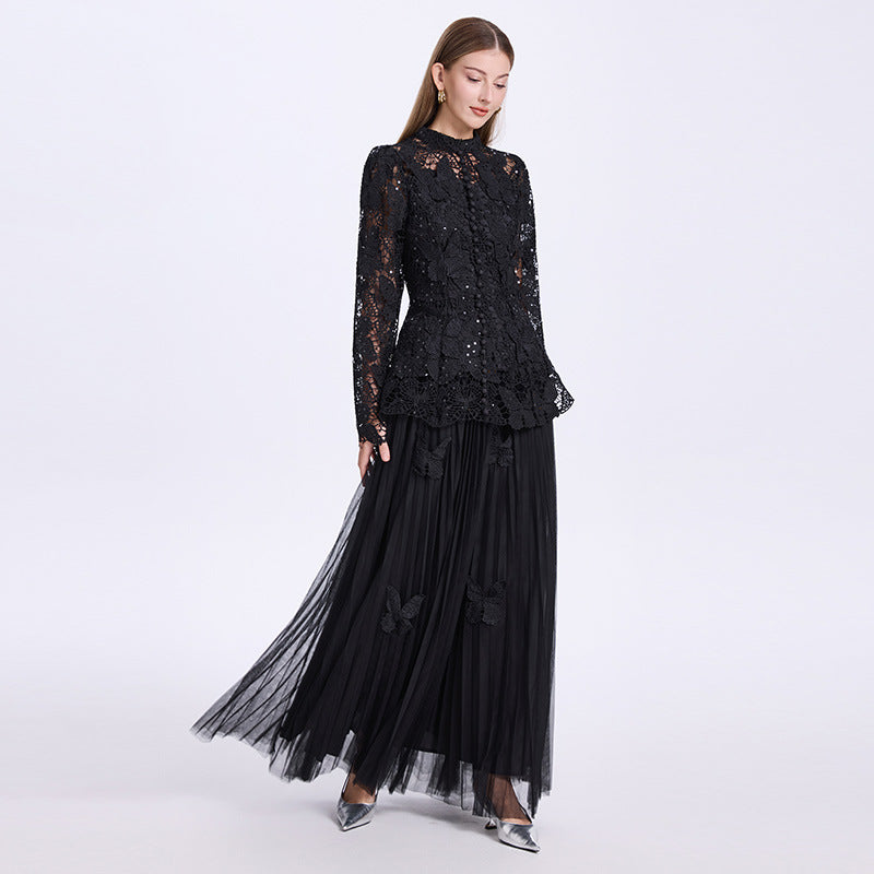 Pleated Skirt and 3D Butterfly Top Two Piece Set