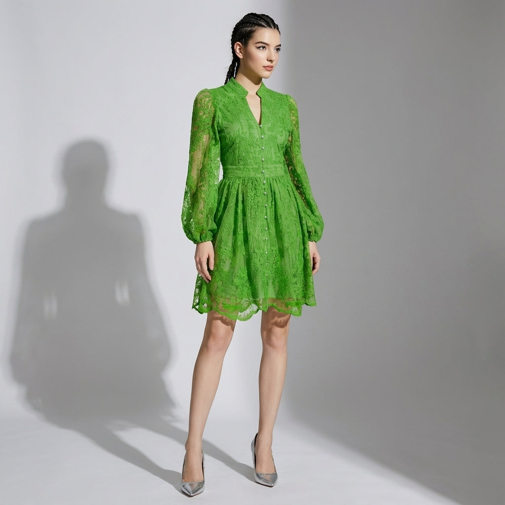 Button-Down French Lace Short Dress with Billowing Sleeves