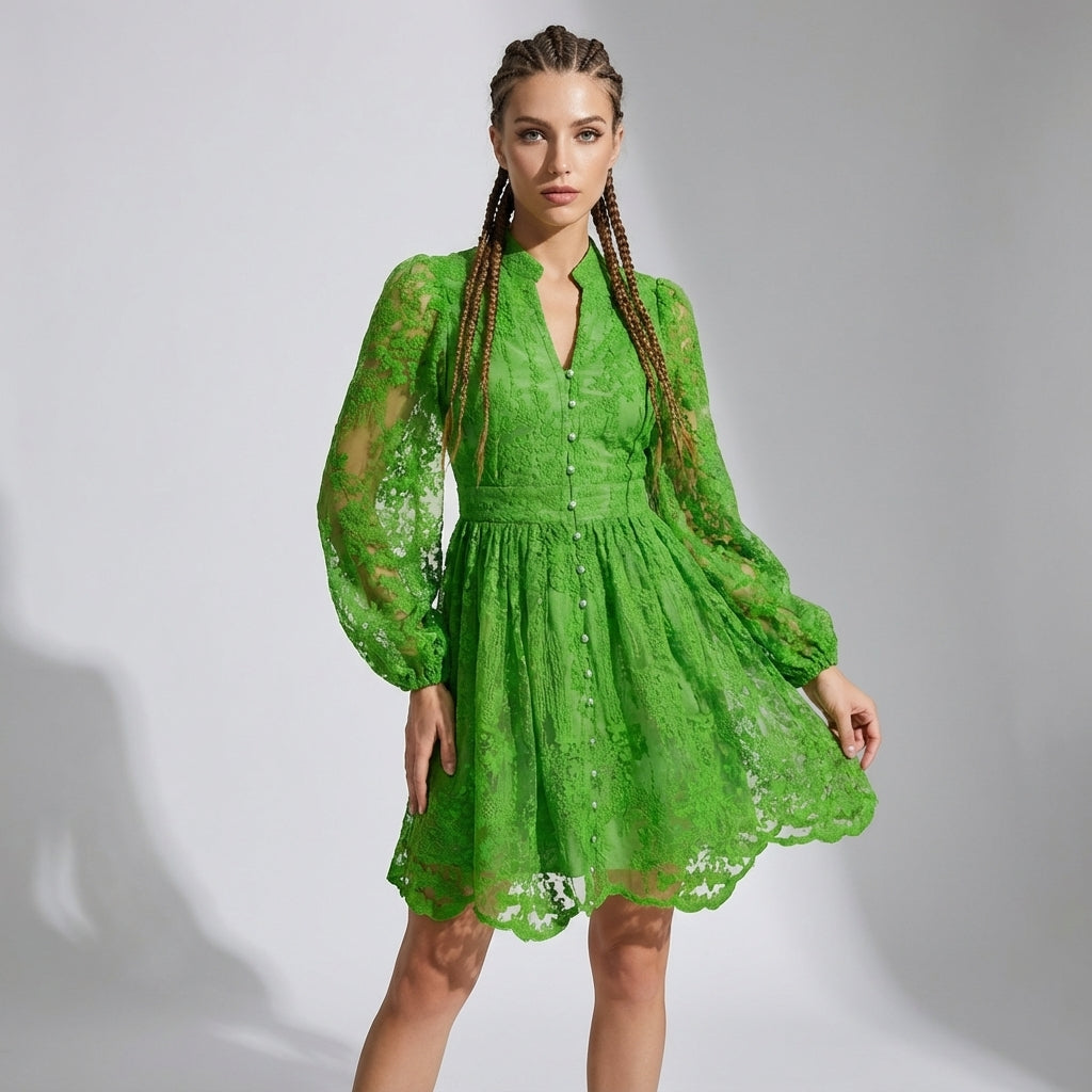 Button-Down French Lace Short Dress with Billowing Sleeves