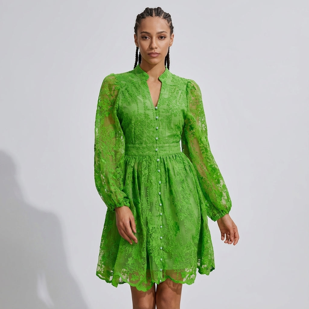 Button-Down French Lace Short Dress with Billowing Sleeves