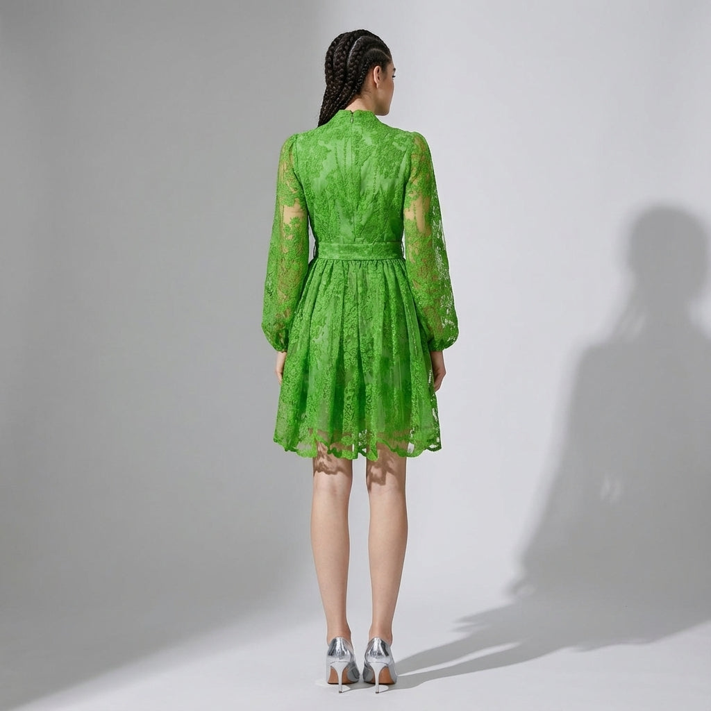 Button-Down French Lace Short Dress with Billowing Sleeves