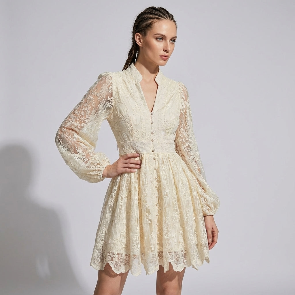 Button-Down French Lace Short Dress with Billowing Sleeves