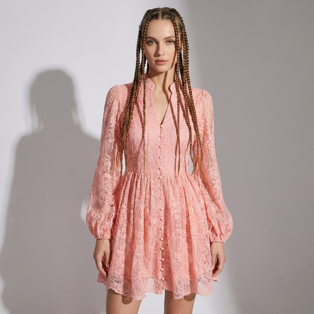 Button-Down French Lace Short Dress with Billowing Sleeves