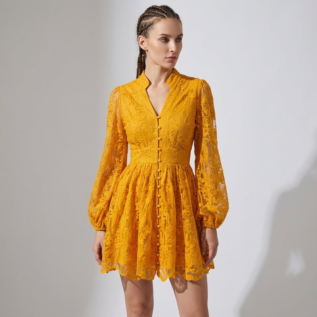 Button-Down French Lace Short Dress with Billowing Sleeves