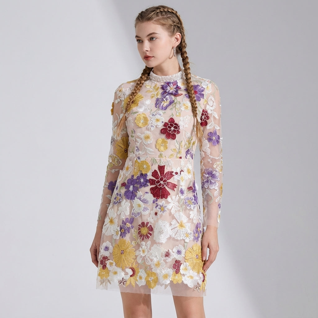 Elegant Floral Sheer A-Line Mini Dress