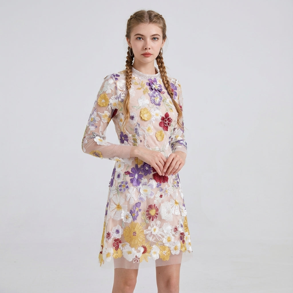 Elegant Floral Sheer A-Line Mini Dress