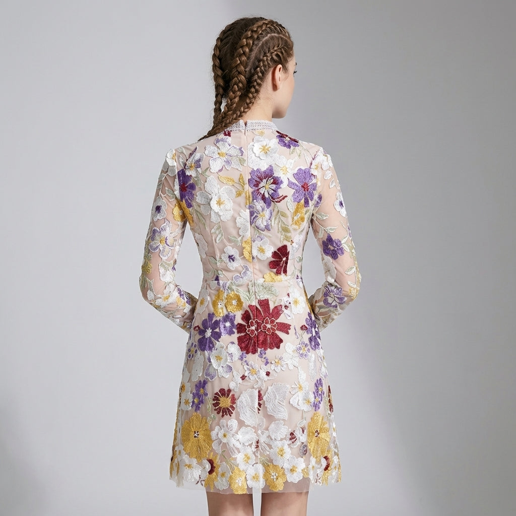 Elegant Floral Sheer A-Line Mini Dress