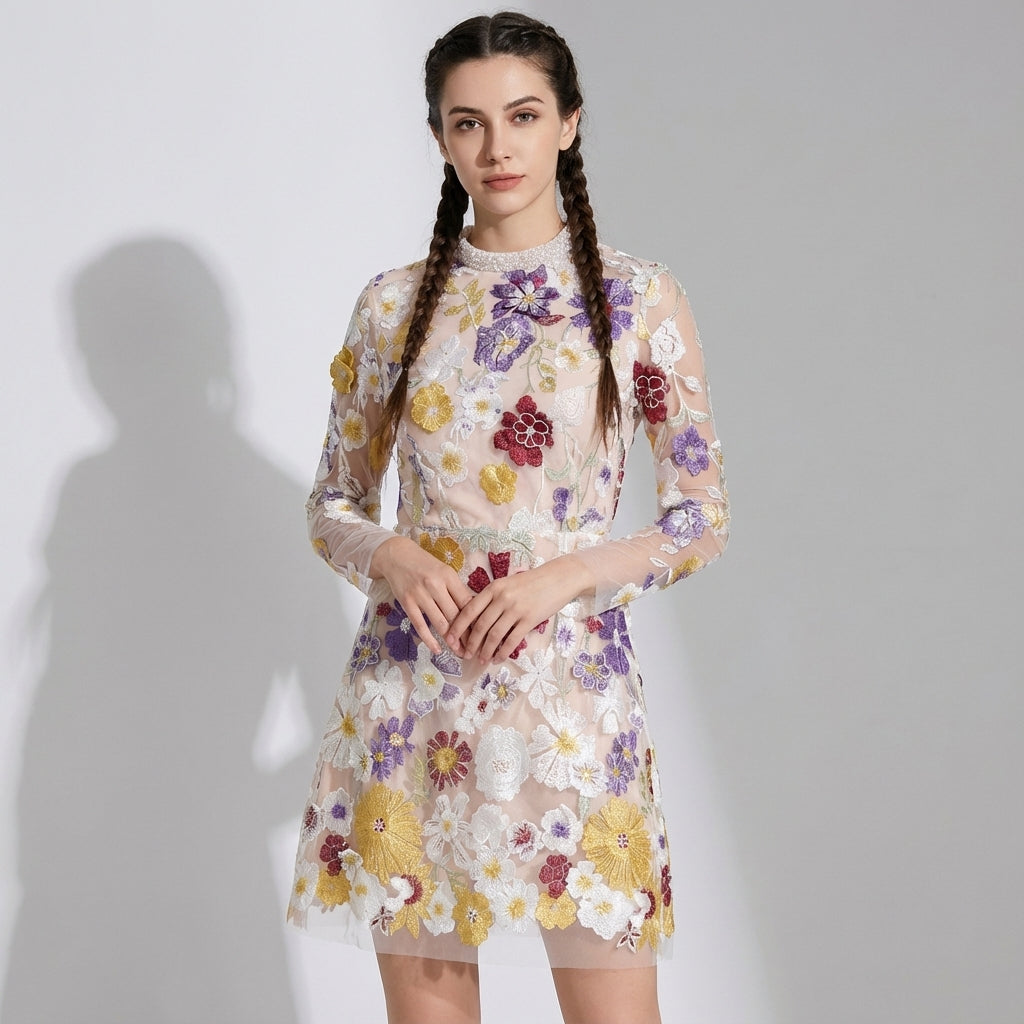 Elegant Floral Sheer A-Line Mini Dress