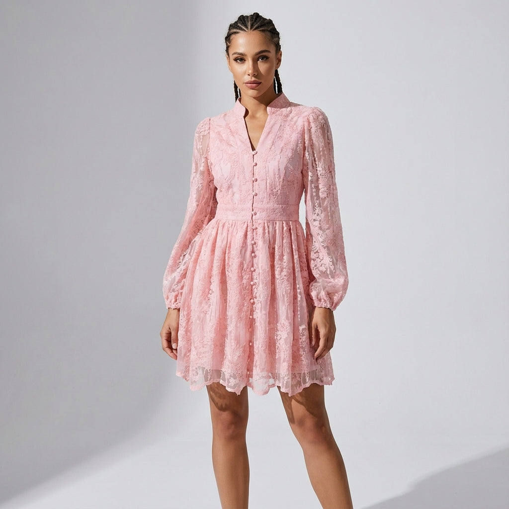 Button-Down French Lace Short Dress with Billowing Sleeves