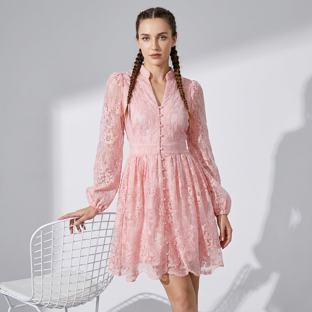 Button-Down French Lace Short Dress with Billowing Sleeves