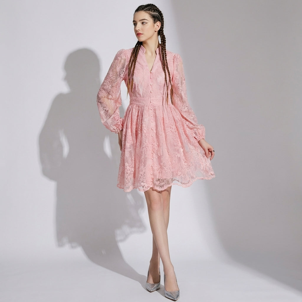 Button-Down French Lace Short Dress with Billowing Sleeves