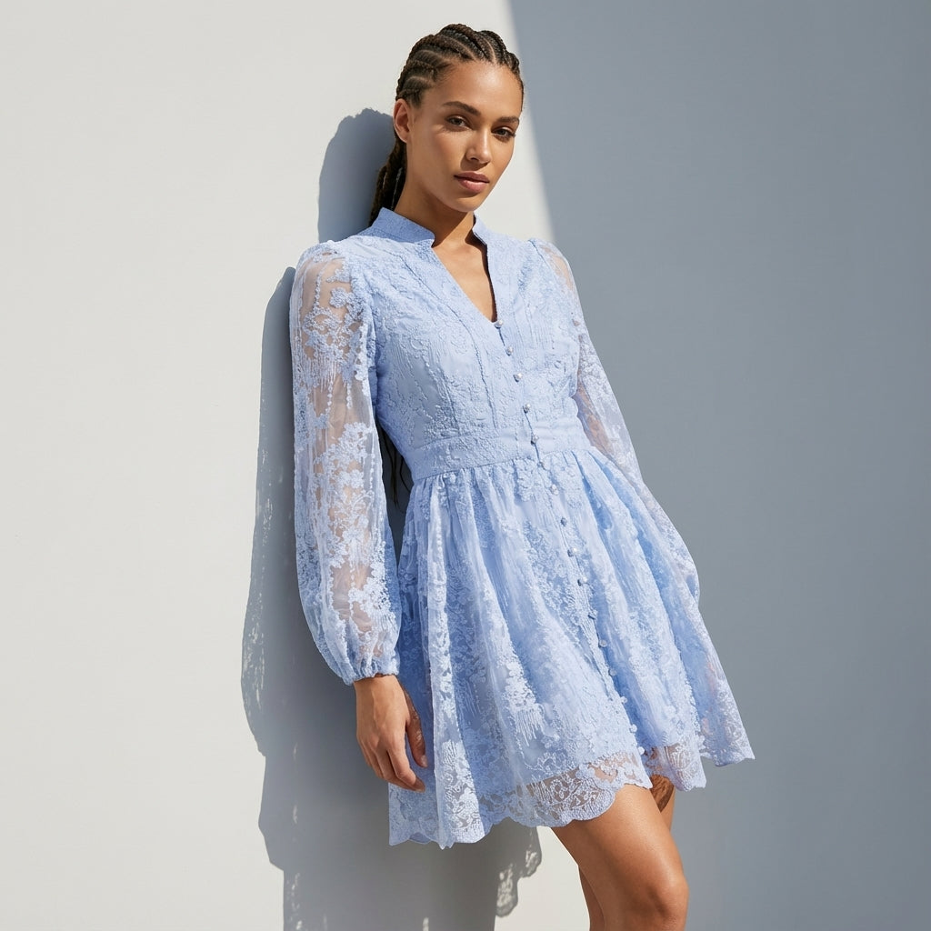 Button-Down French Lace Short Dress with Billowing Sleeves