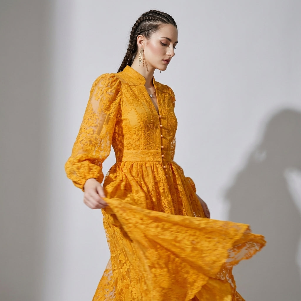 Button-Down French Lace Short Dress with Billowing Sleeves