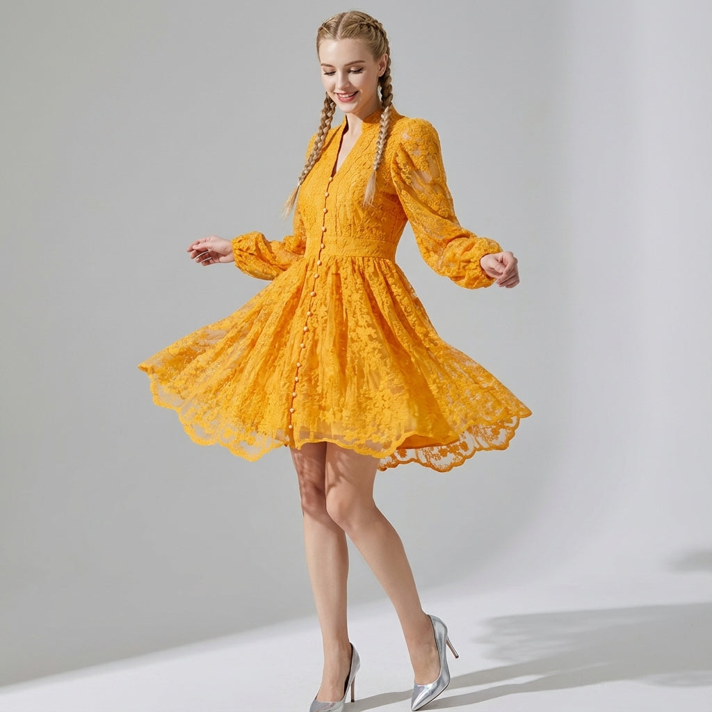 Button-Down French Lace Short Dress with Billowing Sleeves