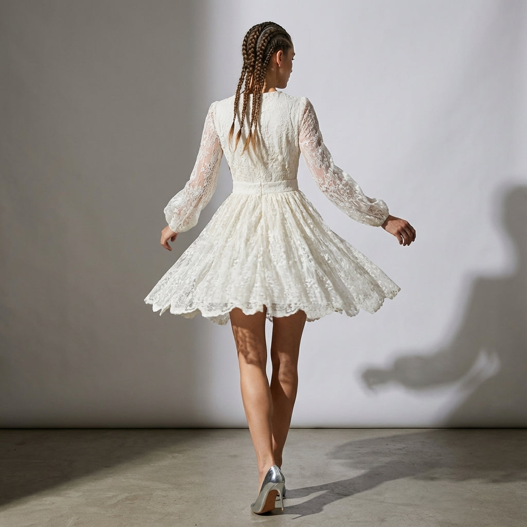 Button-Down French Lace Short Dress with Billowing Sleeves