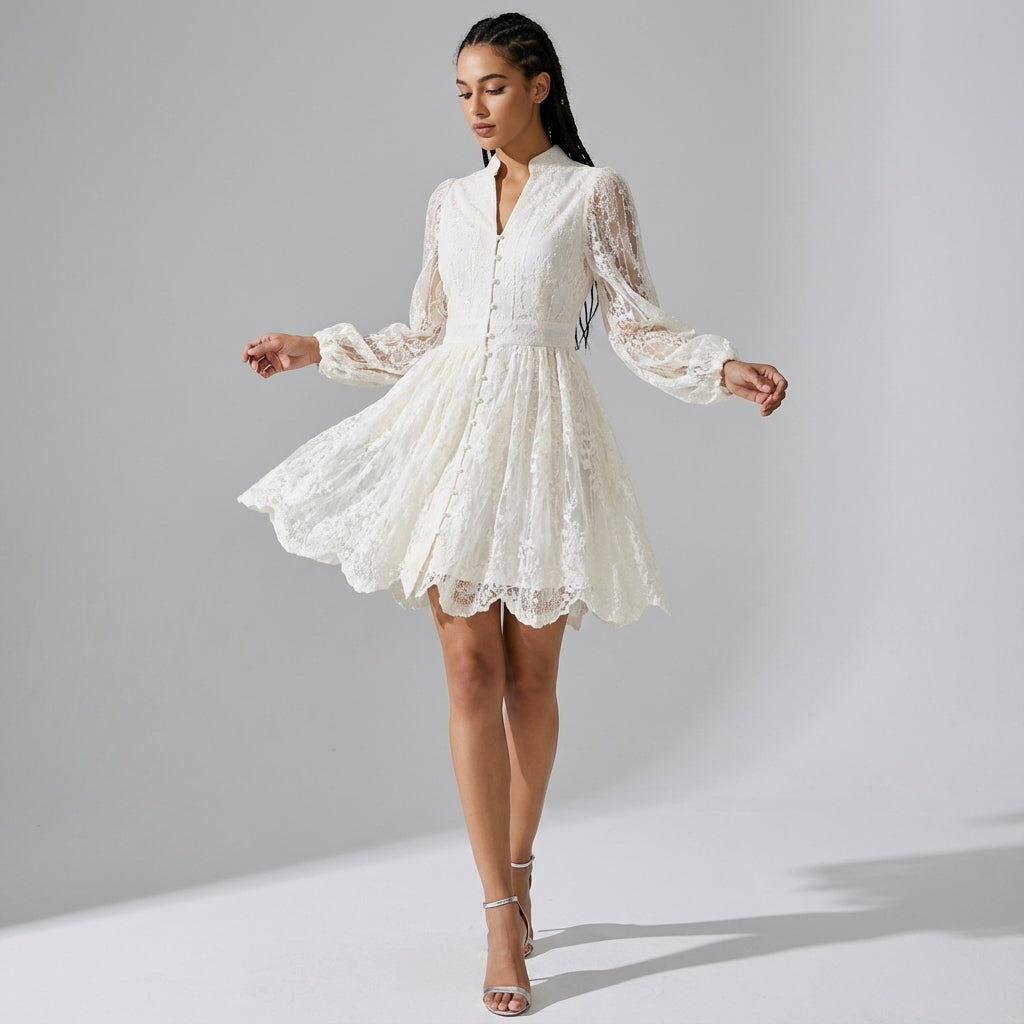 Button-Down French Lace Short Dress with Billowing Sleeves