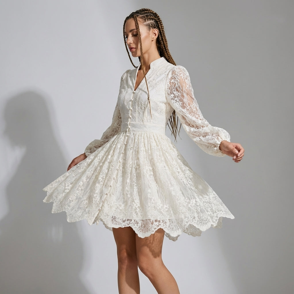 Button-Down French Lace Short Dress with Billowing Sleeves
