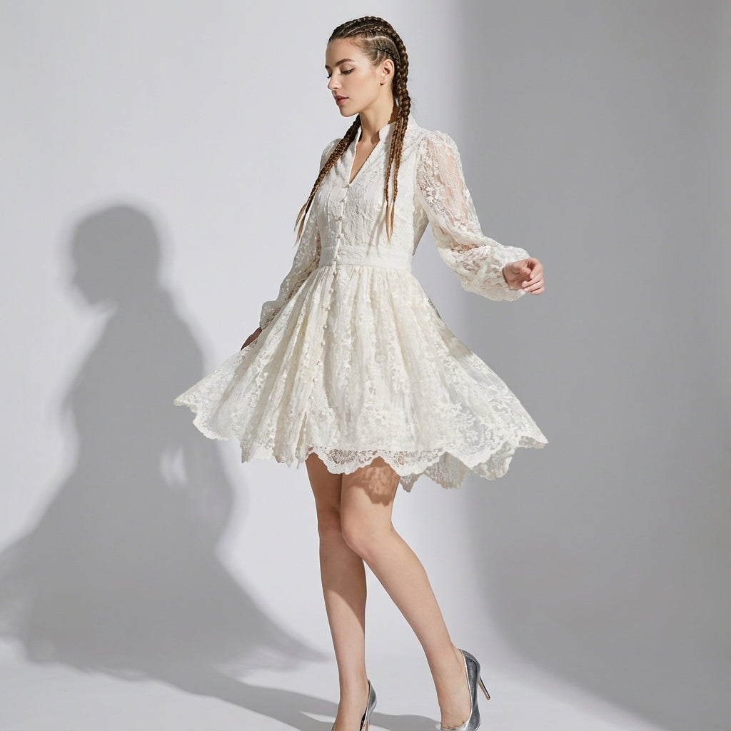 Button-Down French Lace Short Dress with Billowing Sleeves