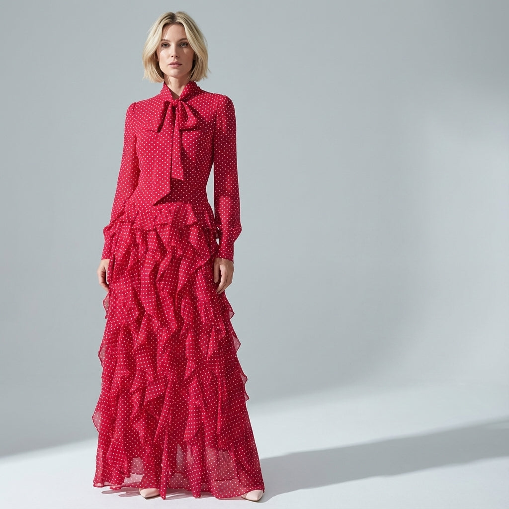 Charming Ruffled Bow Tie Maxi Dress