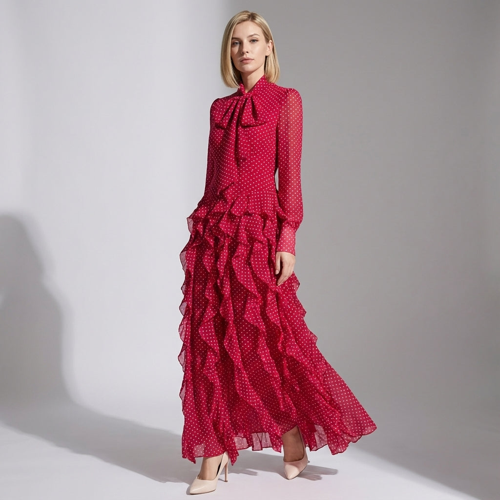 Charming Ruffled Bow Tie Maxi Dress