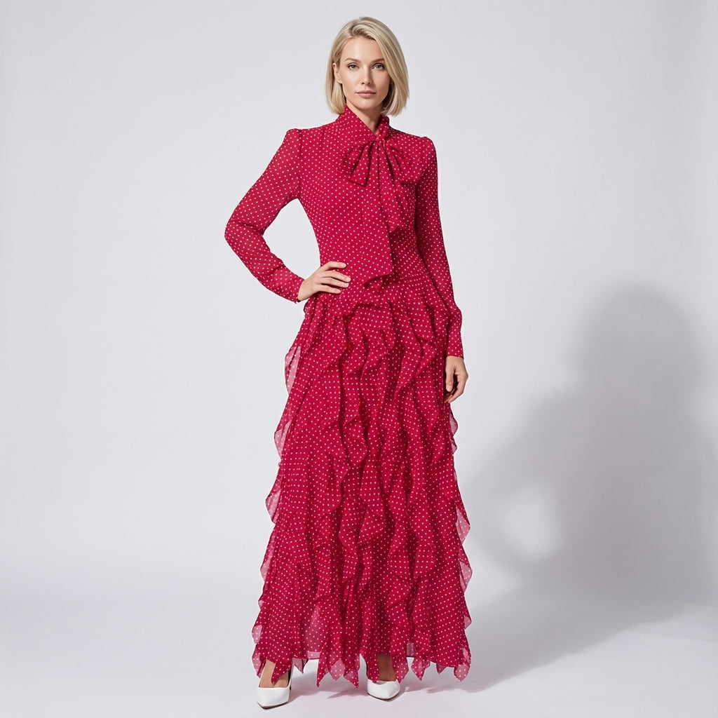 Charming Ruffled Bow Tie Maxi Dress