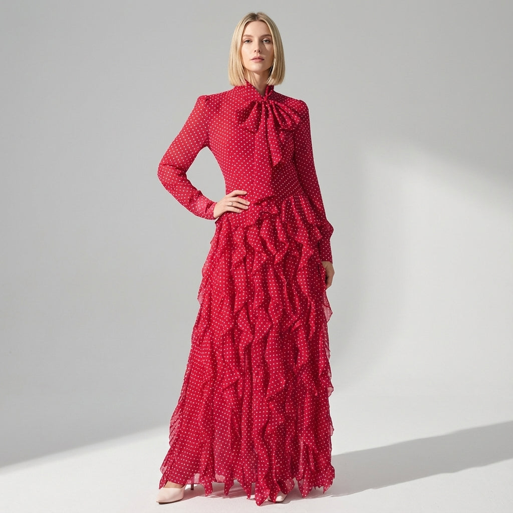 Charming Ruffled Bow Tie Maxi Dress