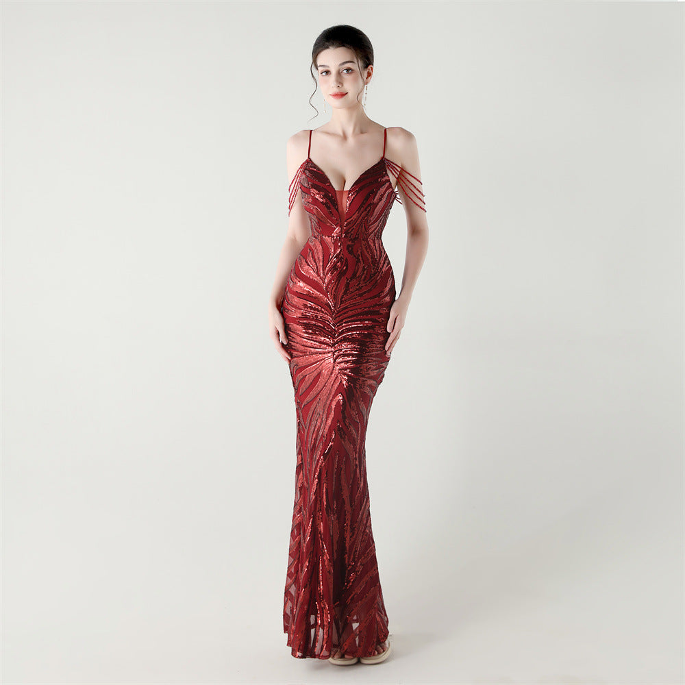 Crimson Flame Chain Strap Gown