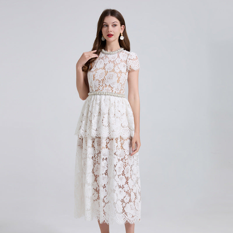 Elegance Pearl Trimmed Lace Midi Dress
