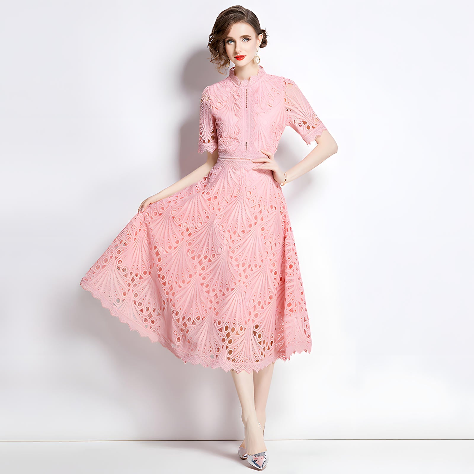 Luxury French Lace Jewel Neckline Pink Dress - 768536992796_PIN