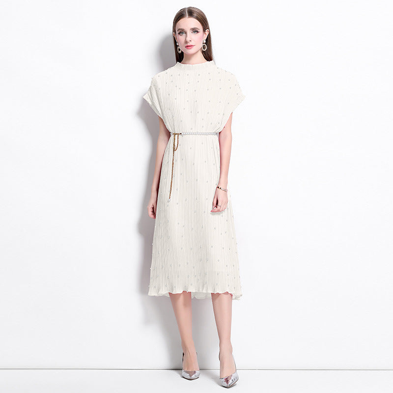 Apricot Pure Elegance Pleated Pearl Belt Dress