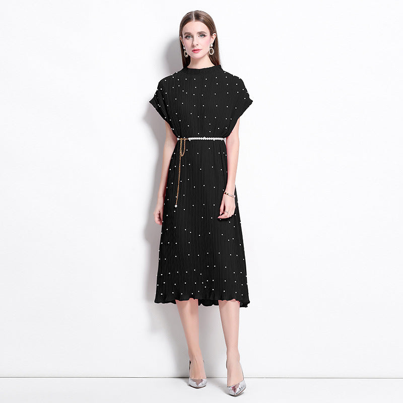 Black Pure Elegance Pleated Pearl Belt Dress