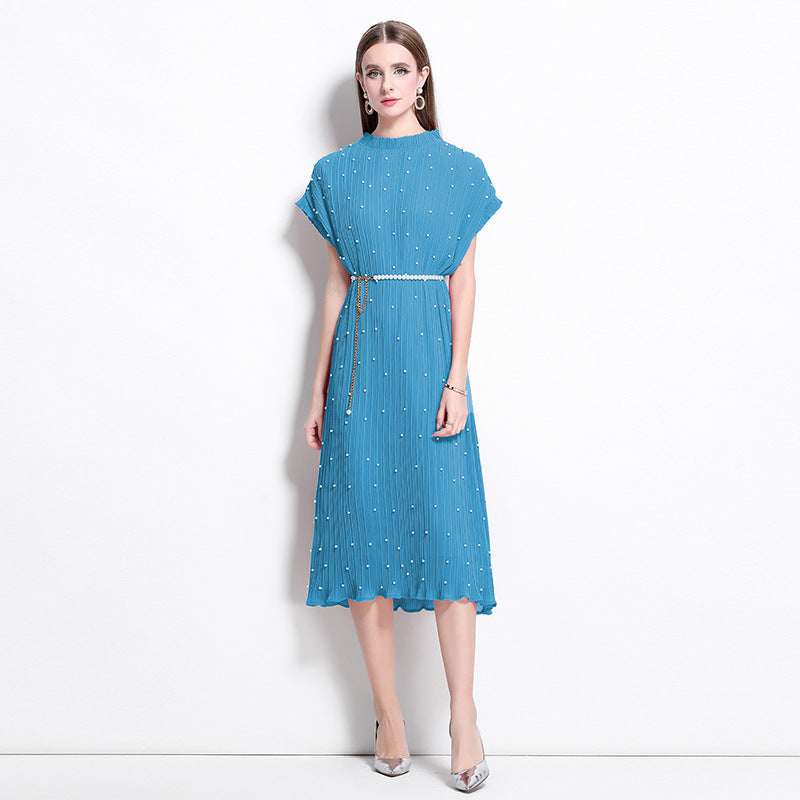 Blue Pure Elegance Pleated Pearl Belt Dress