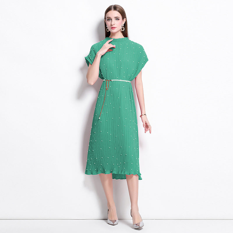 Green Pure Elegance Pleated Pearl Belt Dress