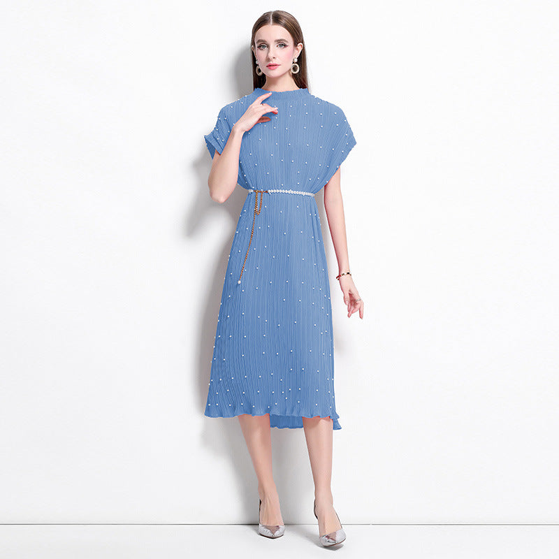 Lightblue Pure Elegance Pleated Pearl Belt Dress